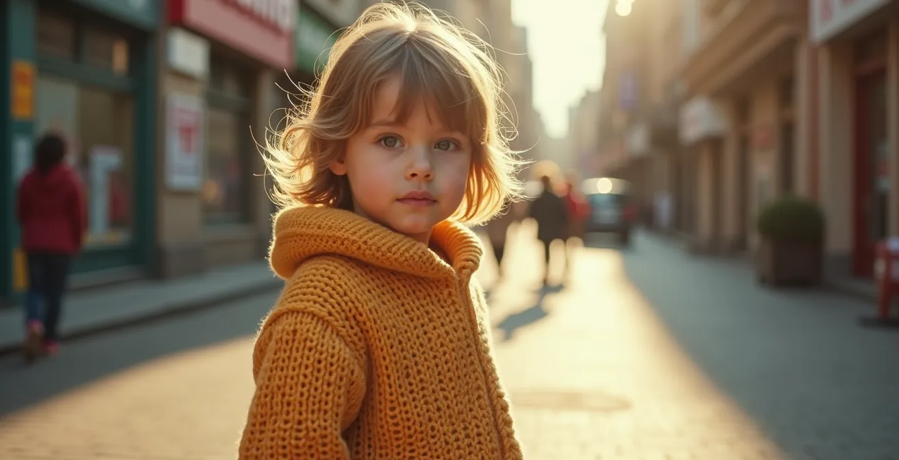 Un enfant portant un pull en grosse maille colorée texturée, entouré d'accessoires uniques et fonctionnels qui accentuent son style personnel.
