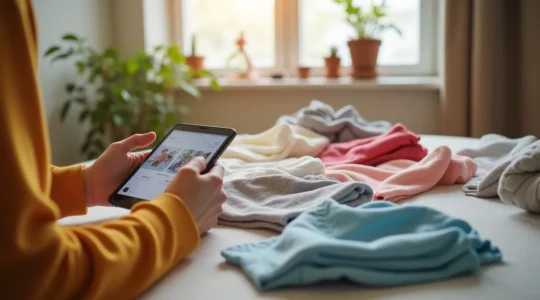 Parent vendant des vêtements d'enfants organisés et emballés pour vente en ligne sur son smartphone