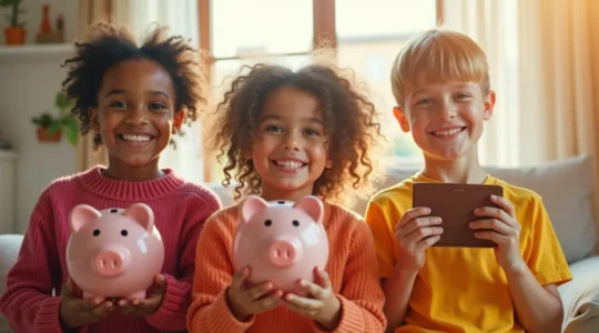 Enfants habillés de façon variée avec des vêtements colorés, souriants, tenant une tirelire ou un portefeuille symbolisant l'économie