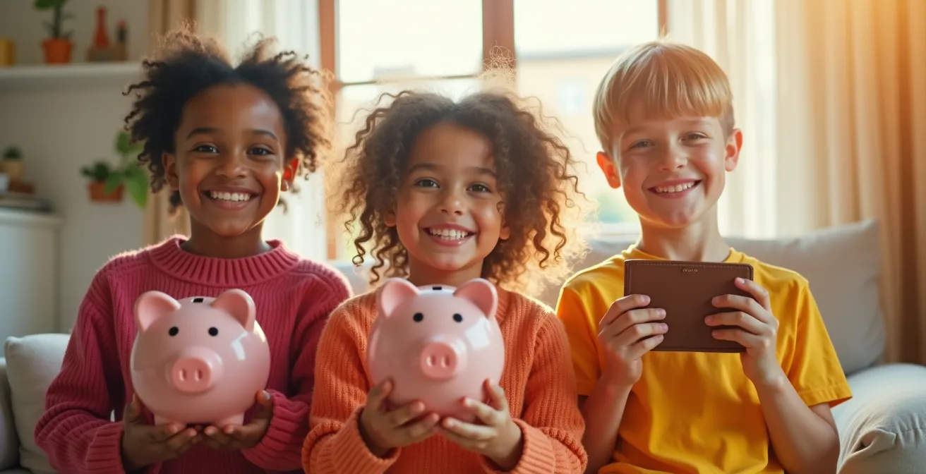 Enfants habillés de façon variée avec des vêtements colorés, souriants, tenant une tirelire ou un portefeuille symbolisant l'économie