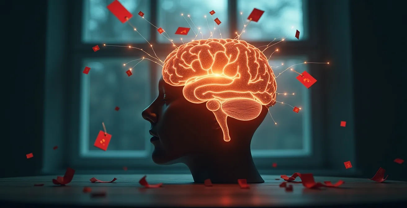 Image symbolique d'un cerveau humain entouré de symboles liés aux achats et promotions pour la mode enfant