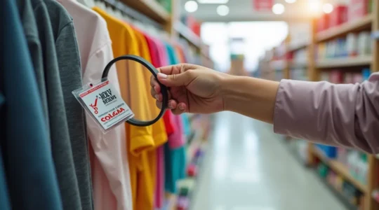 Illustration d'un parent utilisant une loupe pour examiner des étiquettes de vêtements d'enfants avec des prix barrés et des réductions, entouré de symboles de soldes et de caddies