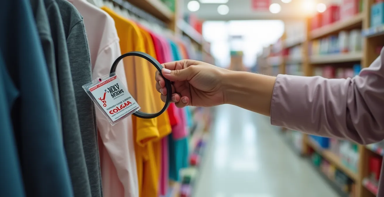 Illustration d'un parent utilisant une loupe pour examiner des étiquettes de vêtements d'enfants avec des prix barrés et des réductions, entouré de symboles de soldes et de caddies