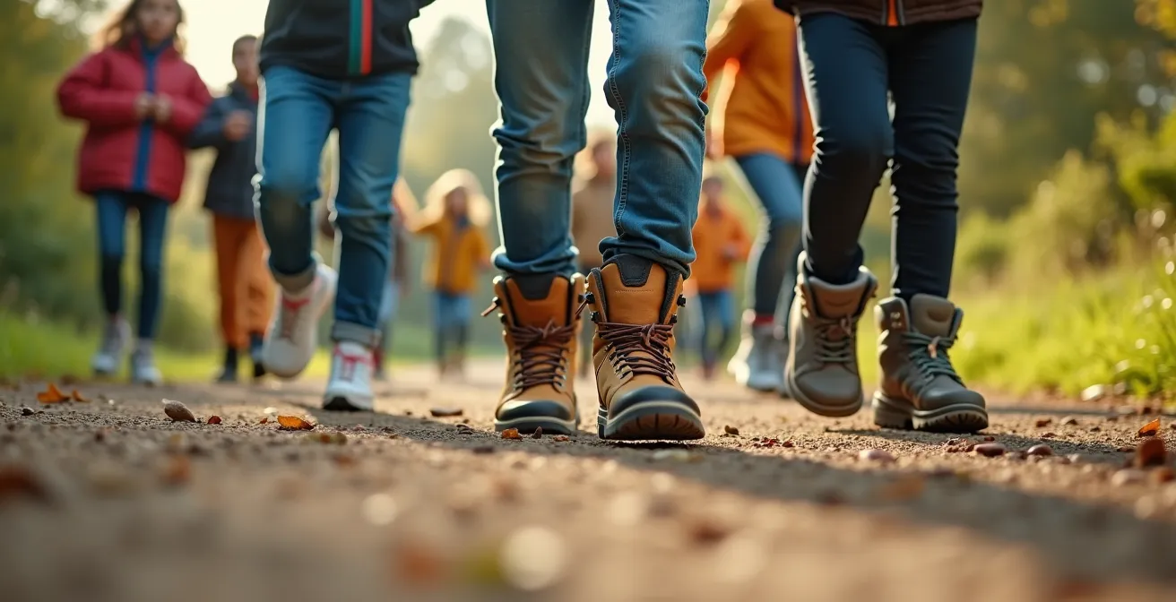 Différents types de chaussures pour garçons, adaptées à la cour de récréation et à la randonnée, en contexte naturel et urbain.
