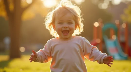 Enfant souriant jouant dehors dans des vêtements confortables et adaptés, illustrant l impact positif du vêtement sur sa journée