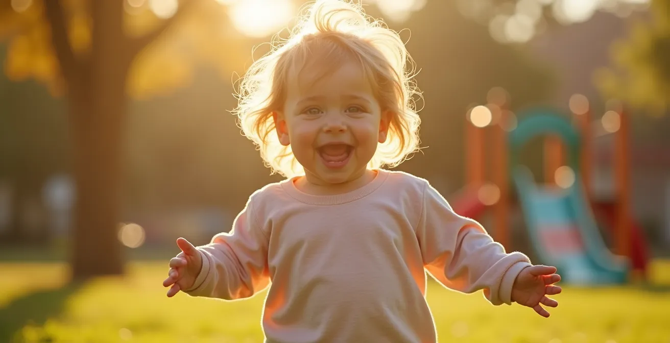 Enfant souriant jouant dehors dans des vêtements confortables et adaptés, illustrant l impact positif du vêtement sur sa journée