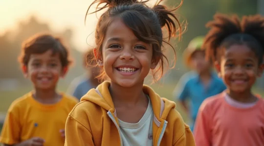 Un groupe d'enfants heureux portant des vêtements colorés, confortables et créatifs, exprimant leur personnalité unique dans un cadre naturel et lumineux.