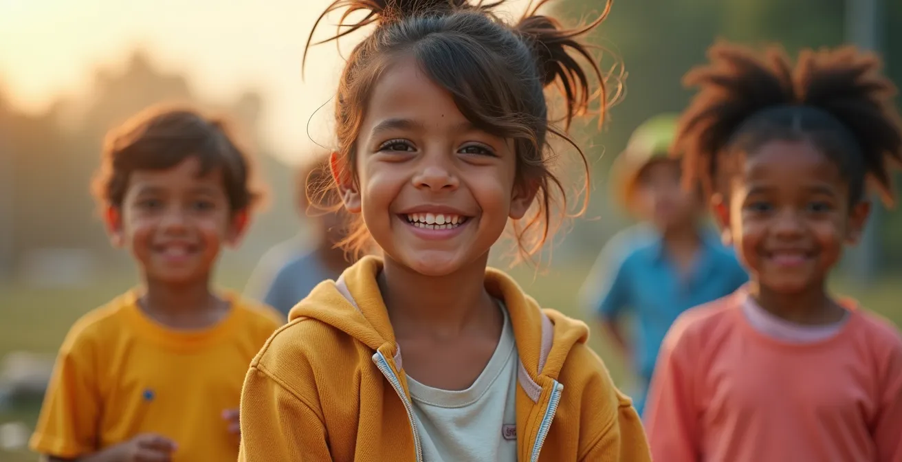 Un groupe d'enfants heureux portant des vêtements colorés, confortables et créatifs, exprimant leur personnalité unique dans un cadre naturel et lumineux.