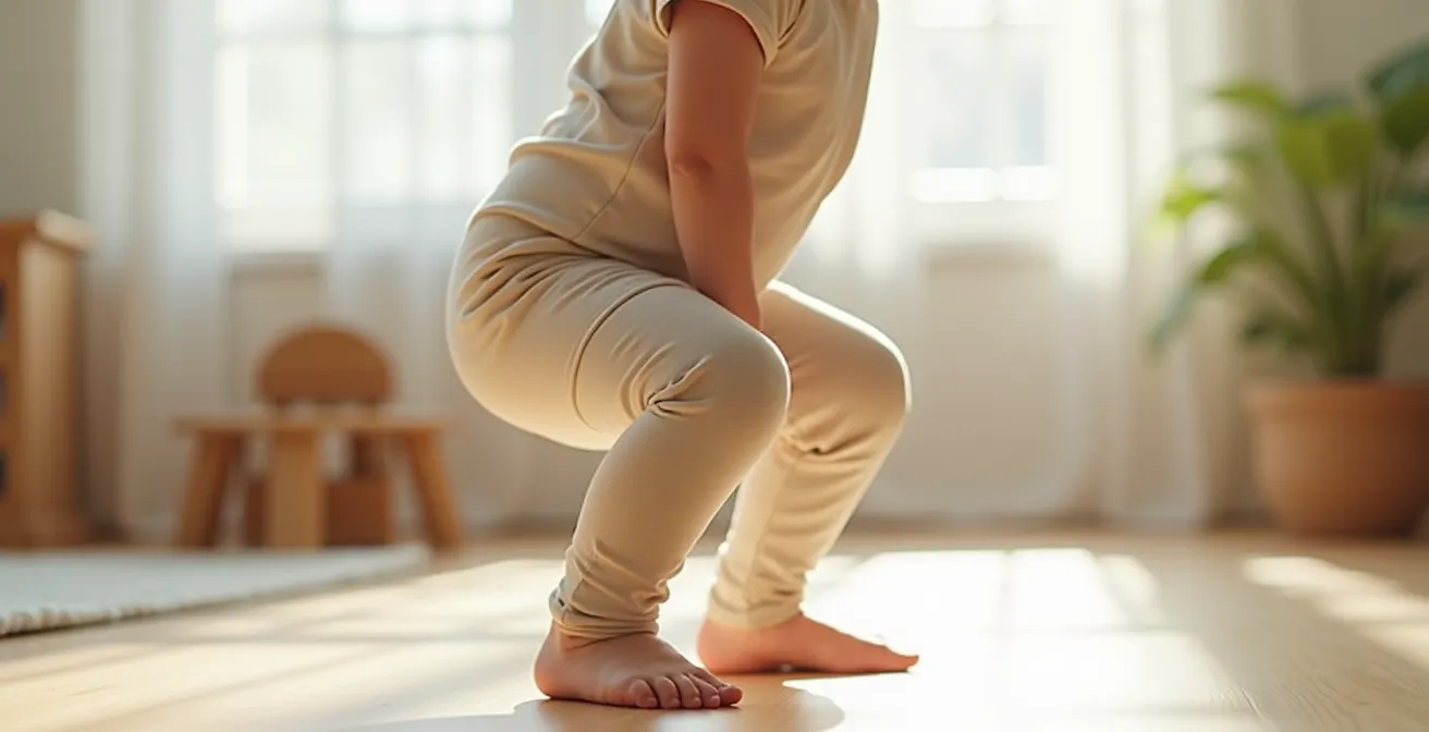 Enfant effectuant un mouvement d'accroupissement libre en vêtement souple, illustrant la motricité non entravée