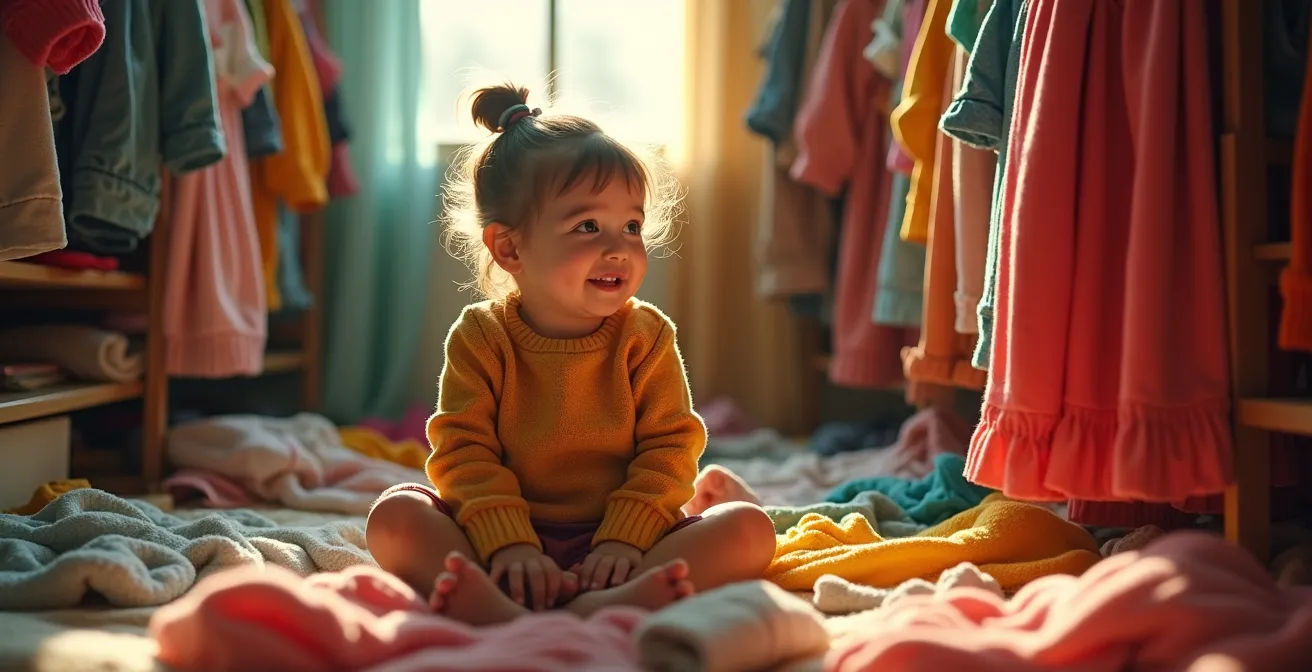 Enfant dans son dressing coloré, entouré de vêtements aux styles variés, illustrant la diversité de sa personnalité