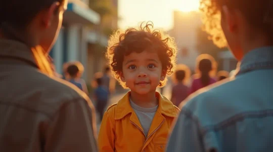 Un enfant souriant portant des vêtements colorés reflétant sa personnalité, encadré par ses parents avec bienveillance dans un cadre urbain chaleureux