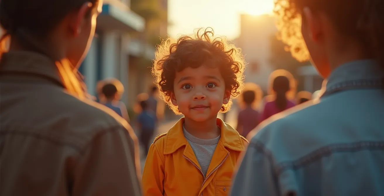 Un enfant souriant portant des vêtements colorés reflétant sa personnalité, encadré par ses parents avec bienveillance dans un cadre urbain chaleureux