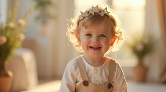 Un enfant élégamment habillé pour un mariage ou un baptême, souriant et à l'aise, dans un décor festif et lumineux