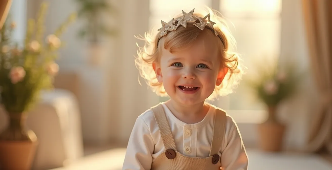 Un enfant élégamment habillé pour un mariage ou un baptême, souriant et à l'aise, dans un décor festif et lumineux