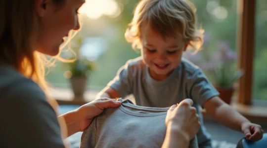 Un enfant habillé en vêtements colorés de qualité, avec un adulte inspectant attentivement un t-shirt, symbolisant le guide ultime pour juger la qualité d'un vêtement d'enfant
