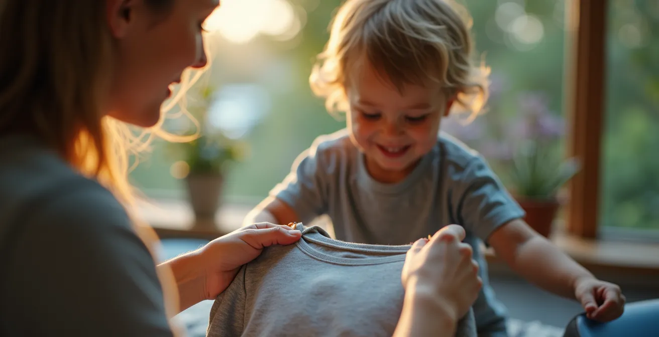 Un enfant habillé en vêtements colorés de qualité, avec un adulte inspectant attentivement un t-shirt, symbolisant le guide ultime pour juger la qualité d'un vêtement d'enfant