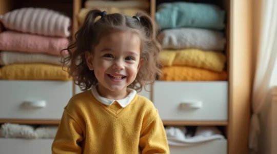 Enfant joyeux portant des vêtements adaptés aux quatre saisons avec un placard organisé en arrière-plan