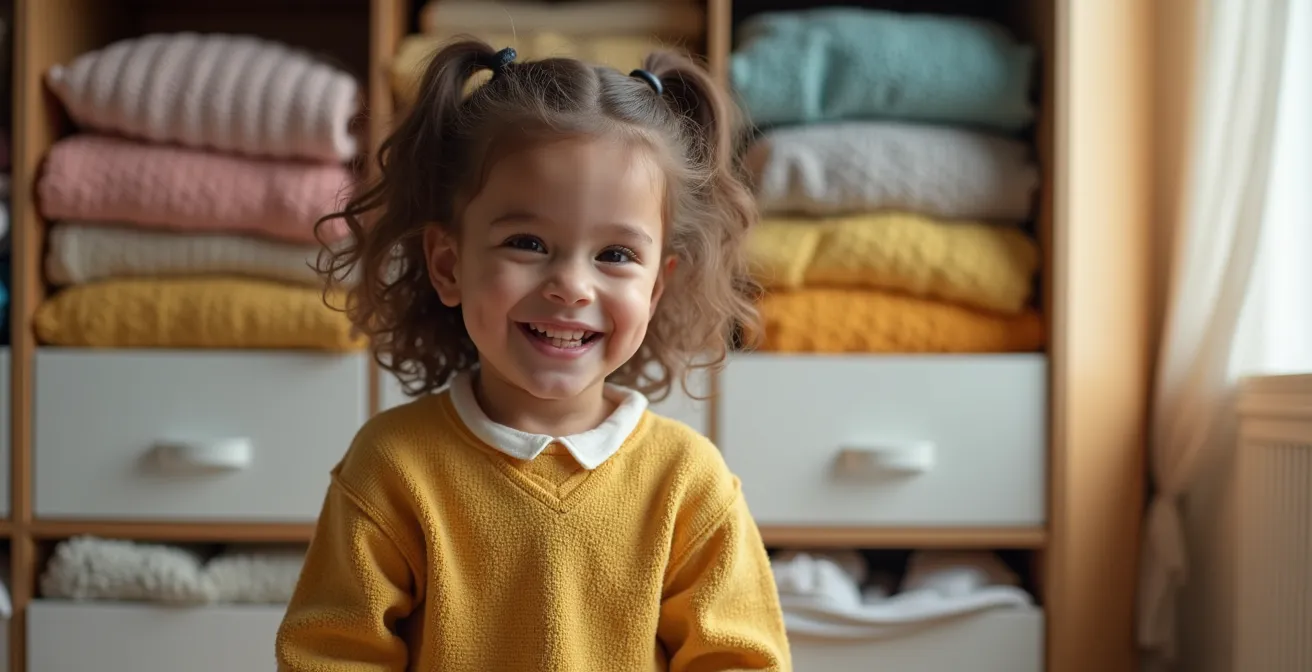 Enfant joyeux portant des vêtements adaptés aux quatre saisons avec un placard organisé en arrière-plan