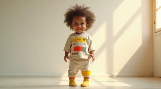 Enfant joyeux habillé avec des vêtements colorés assortis comme des briques Lego emboîtées