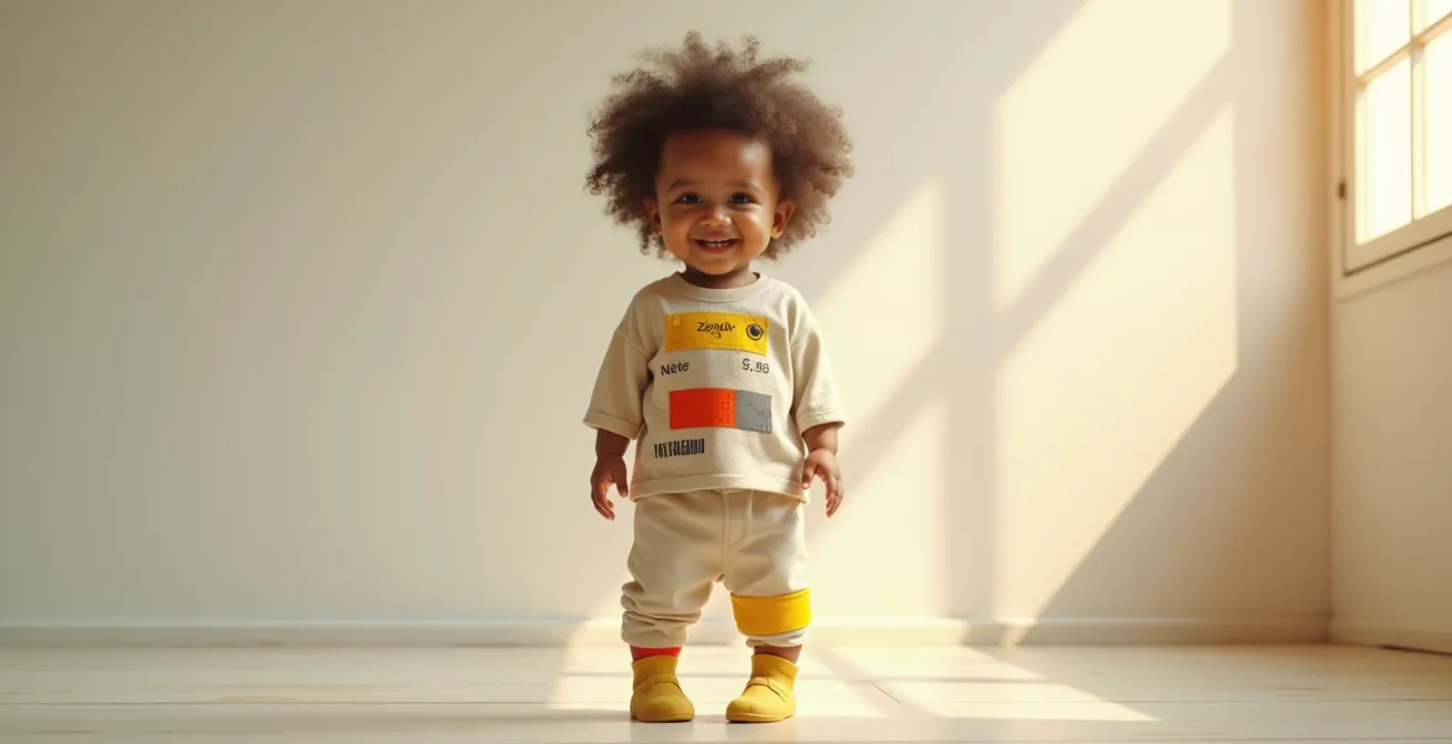 Enfant joyeux habillé avec des vêtements colorés assortis comme des briques Lego emboîtées