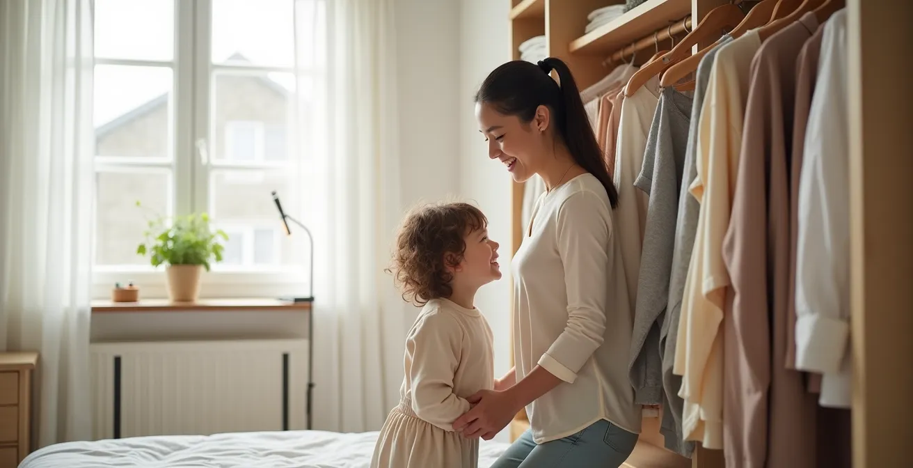 Une famille souriante dans une chambre lumineuse, avec une penderie bien rangée visible en arrière-plan, symbolisant l'apaisement et l'organisation.