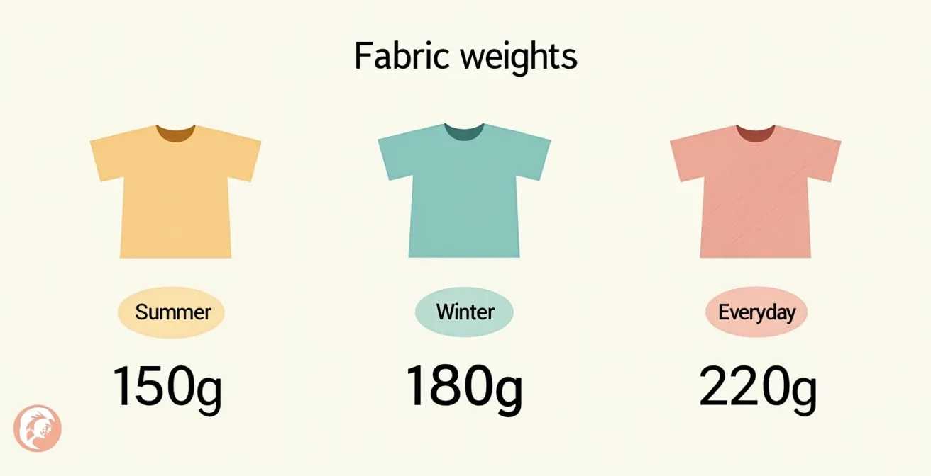 Diagramme visuel illustrant les différents grammages et leurs usages pour t-shirts enfants, avec indications saisonnières.