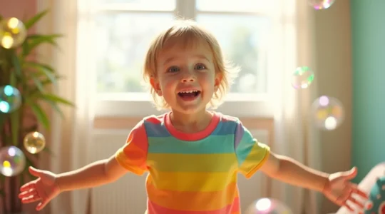 Un enfant souriant portant un t-shirt multicolore arc-en-ciel, entouré de bulles colorées flottant dans l'air, symbolisant la joie et l'expression émotionnelle par le vêtement.
