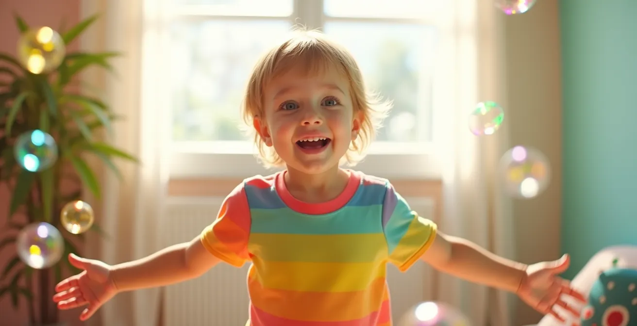 Un enfant souriant portant un t-shirt multicolore arc-en-ciel, entouré de bulles colorées flottant dans l'air, symbolisant la joie et l'expression émotionnelle par le vêtement.