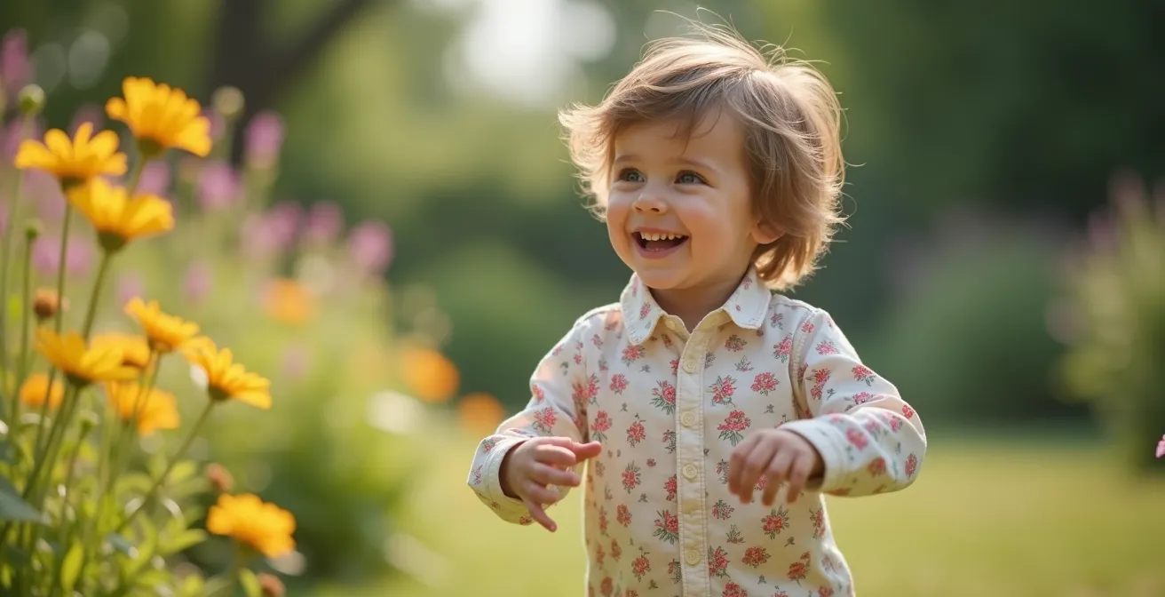 Garçon portant des vêtements colorés pastel et imprimés floraux jouant en extérieur avec confiance.