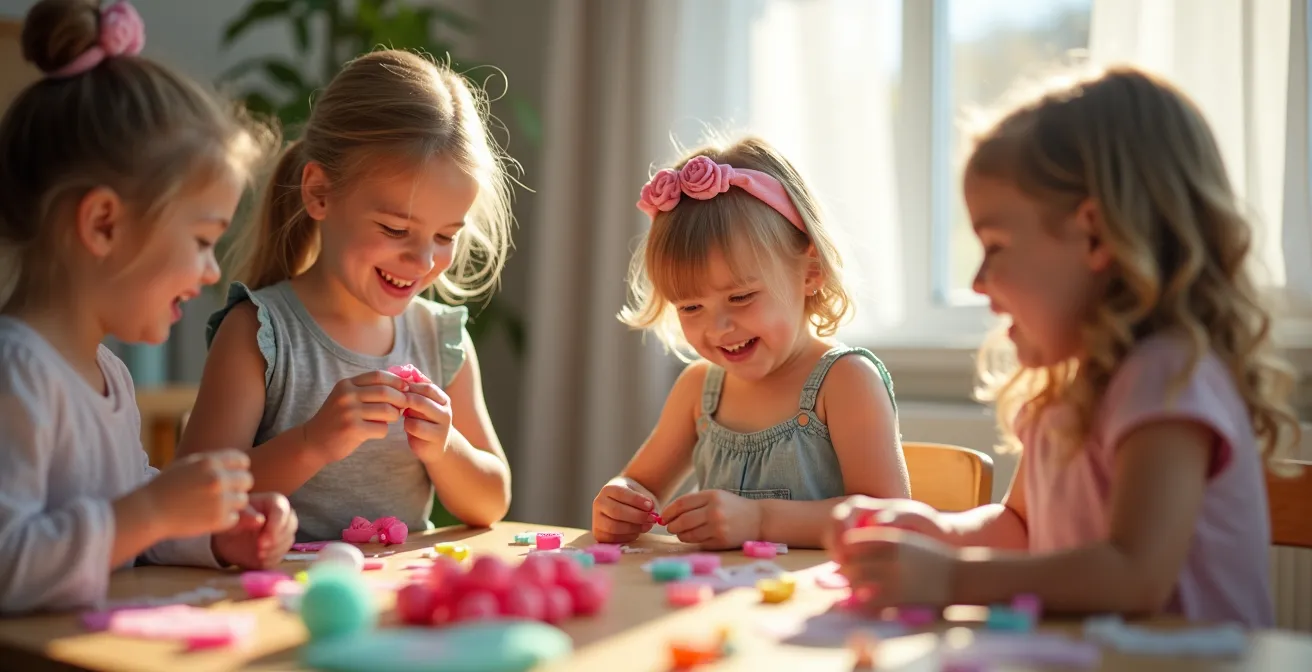 Enfants jouant ensemble, créant des tenues variées avec des vêtements et accessoires colorés, dans une ambiance ludique et créative
