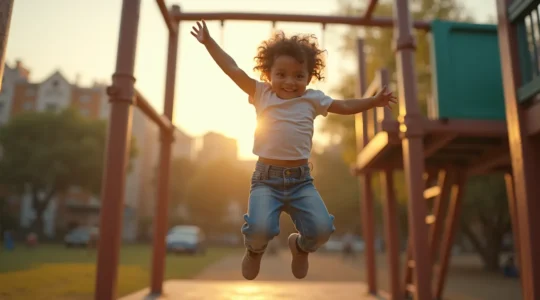 Un enfant en pleine course sur une aire de jeux, portant un jean bleu délavé qui semble à la fois robuste et souple, avec un sourire de liberté.