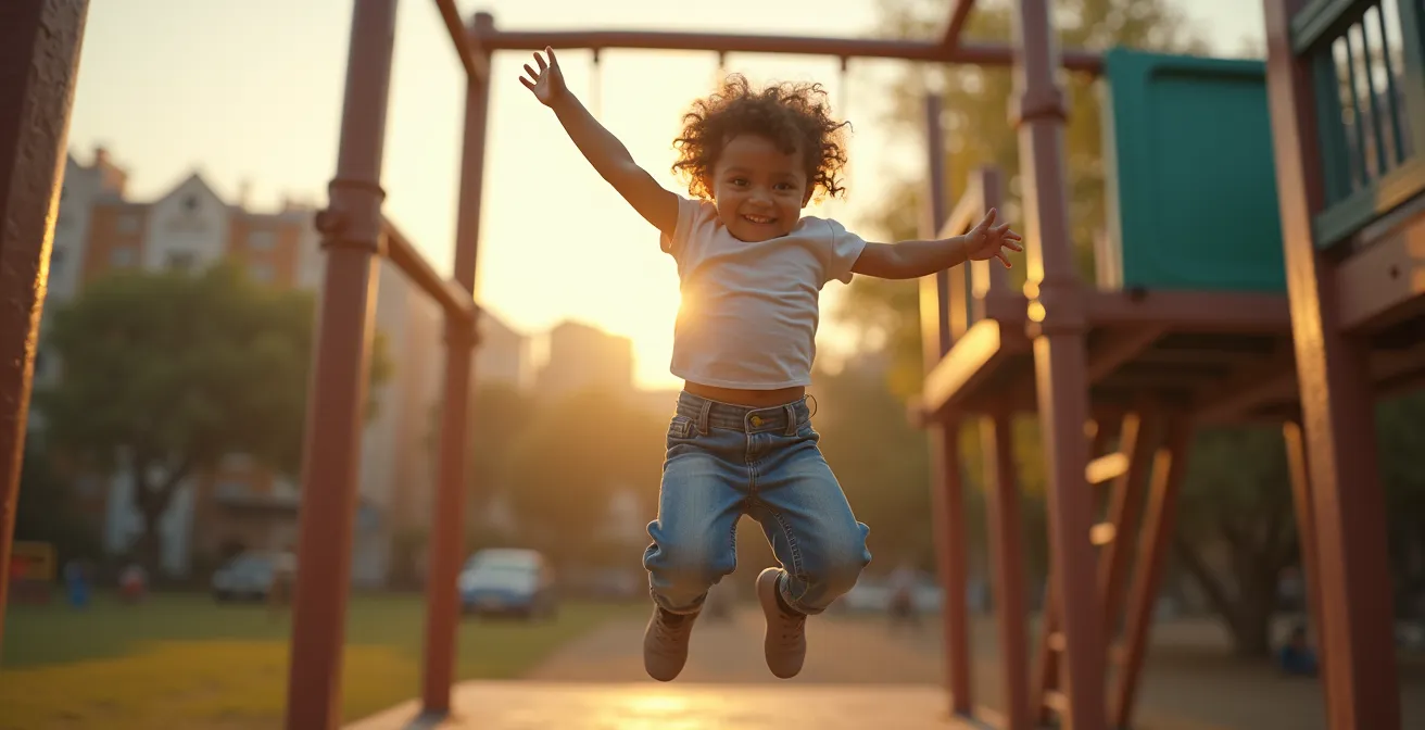 Un enfant en pleine course sur une aire de jeux, portant un jean bleu délavé qui semble à la fois robuste et souple, avec un sourire de liberté.