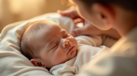 Un bébé serein dans un body doux en coton bio, entouré d'une lumière chaude et apaisante symbolisant la sécurité et le confort