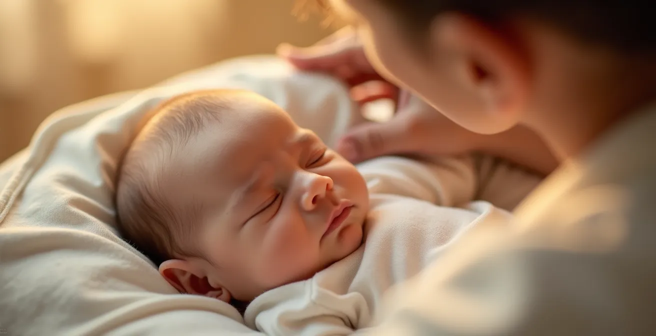 Un bébé serein dans un body doux en coton bio, entouré d'une lumière chaude et apaisante symbolisant la sécurité et le confort
