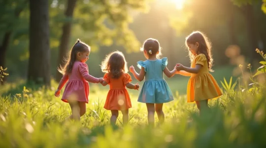 Enfants portant des vêtements écologiques dans un cadre naturel, symbolisant la mode durable pour enfants.
