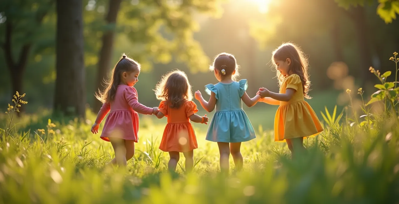 Enfants portant des vêtements écologiques dans un cadre naturel, symbolisant la mode durable pour enfants.