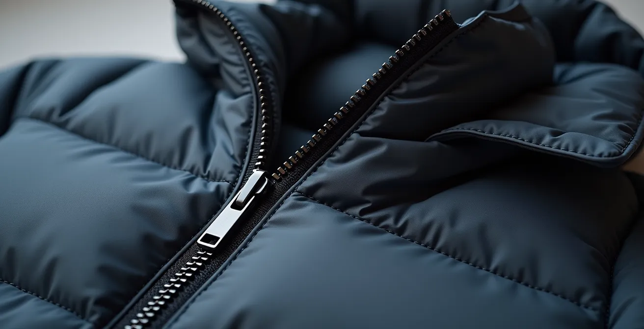 Illustration détaillée d’une fermeture éclair de manteau enfant avec un garage à zip et doublure protectrice