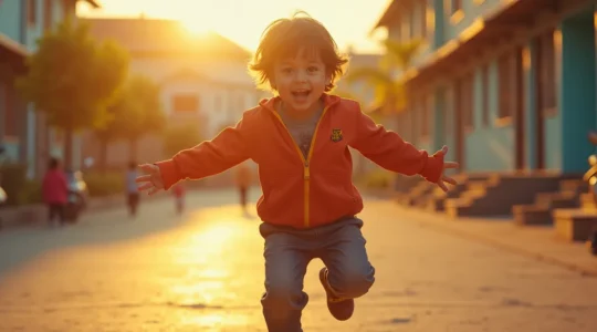 Garçon actif en vêtement coloré résistant, jouant et explorant librement, reflet de la mode enfant qui dépasse les stéréotypes.