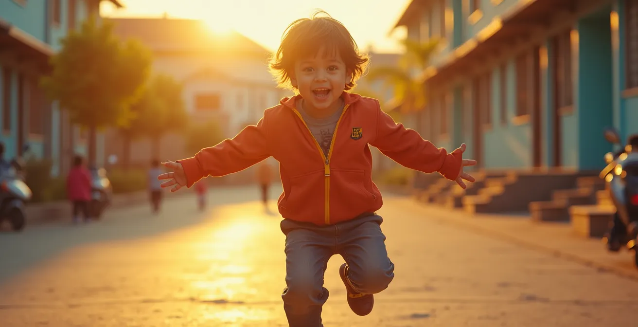 Garçon actif en vêtement coloré résistant, jouant et explorant librement, reflet de la mode enfant qui dépasse les stéréotypes.