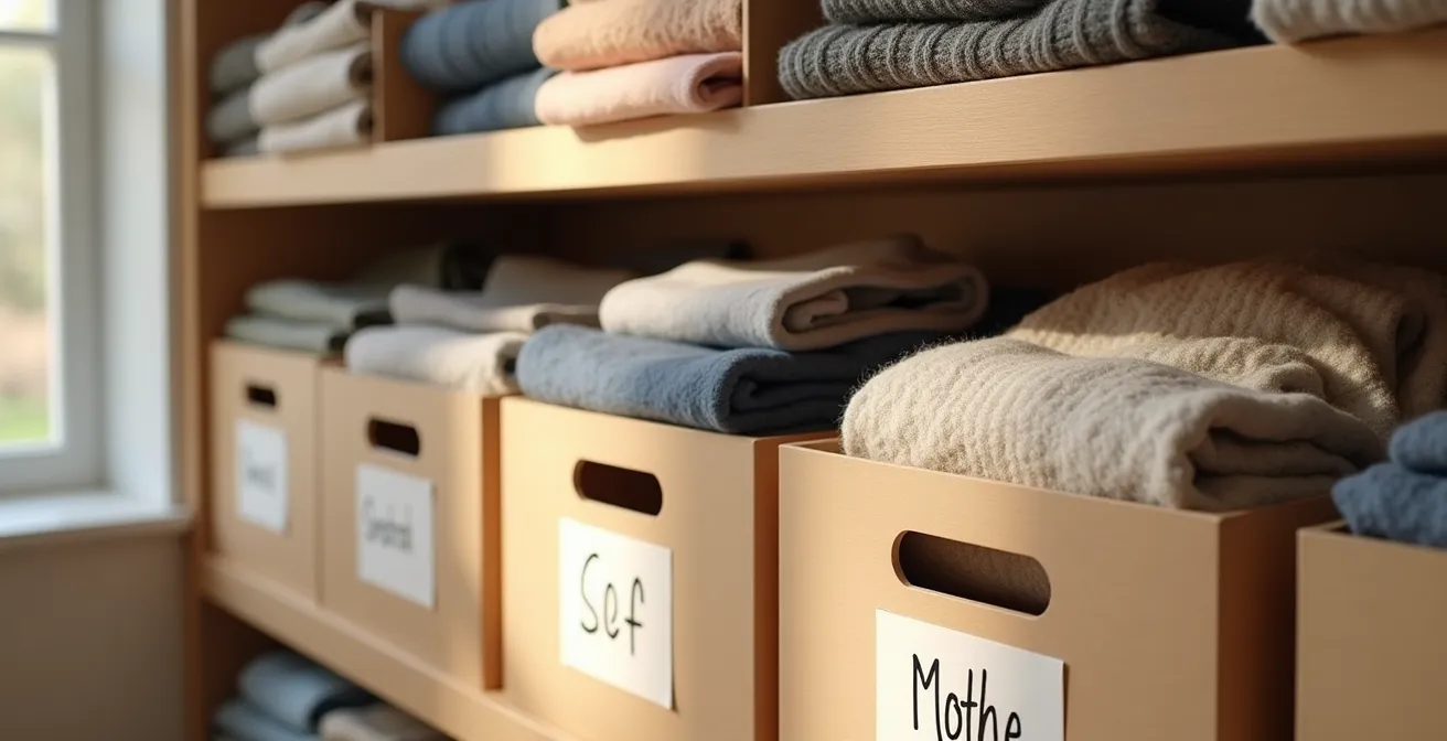 Boîtes étiquetées et rangées soigneusement avec des vêtements d'hiver pour enfants dans une armoire organisée