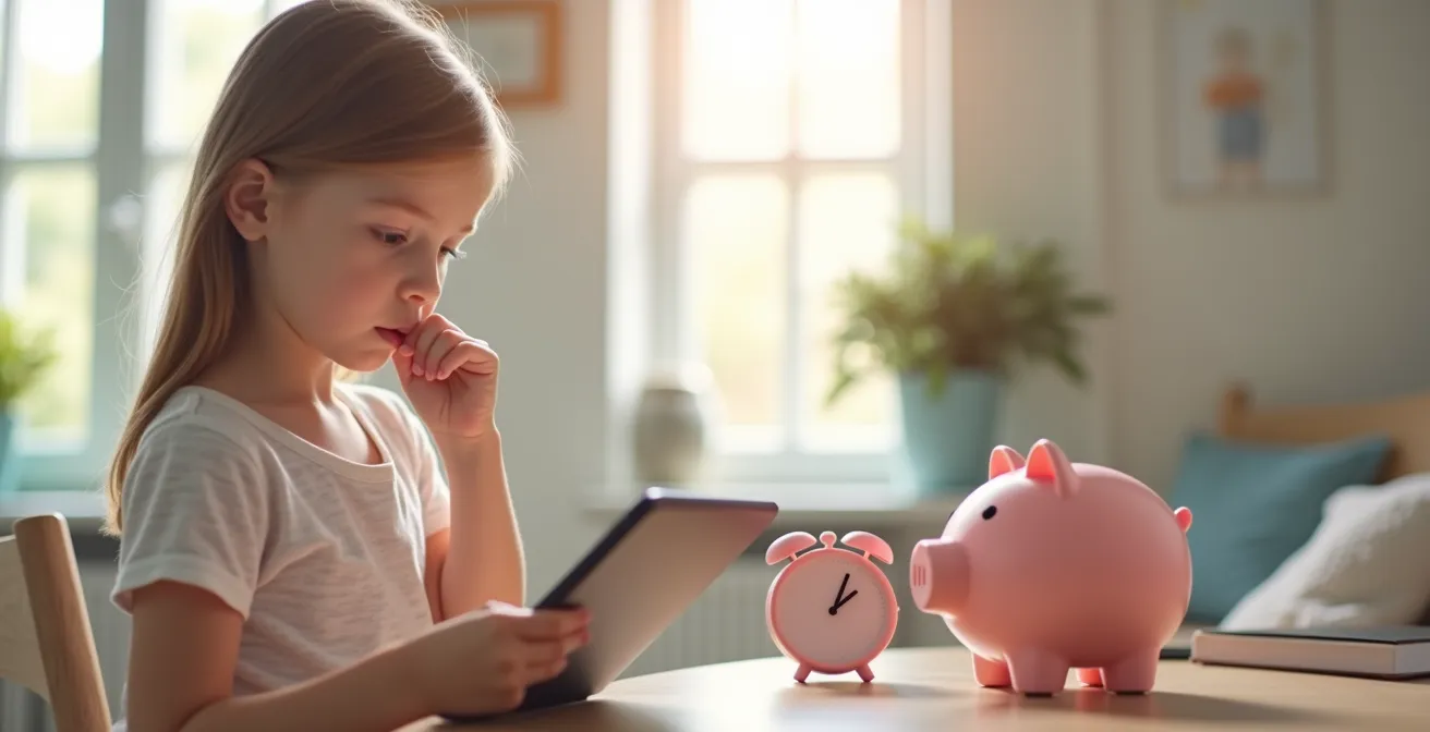 Un enfant regardant une tablette avec des images de mode enfantine Instagram, entouré d'éléments illustrant la gestion de budget et le choix réfléchi.