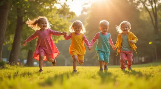 Un ensemble d'enfants portant des vêtements colorés et durables en milieu naturel avec des éléments symboliques d'écologie et de solidité