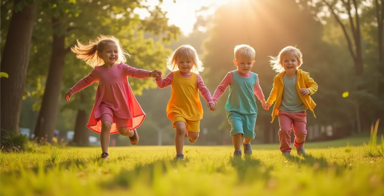 Un ensemble d'enfants portant des vêtements colorés et durables en milieu naturel avec des éléments symboliques d'écologie et de solidité