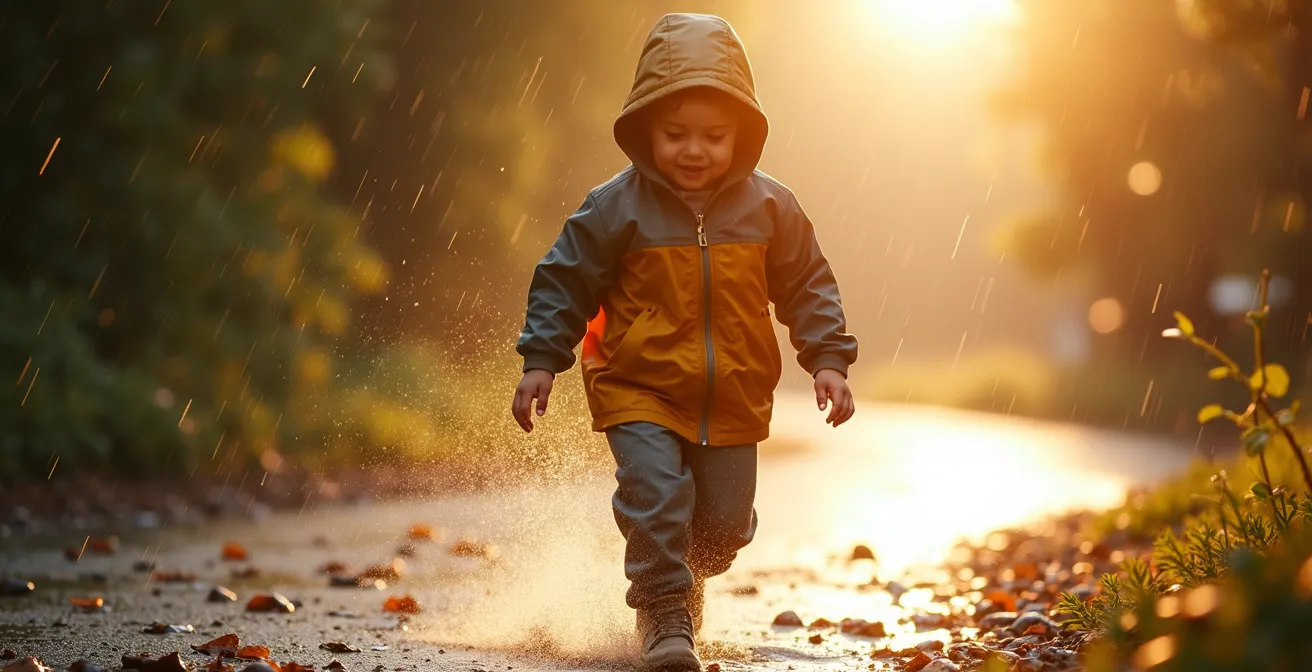 Enfant en vêtements techniques imperméables et anti-UV jouant sous la pluie et au soleil