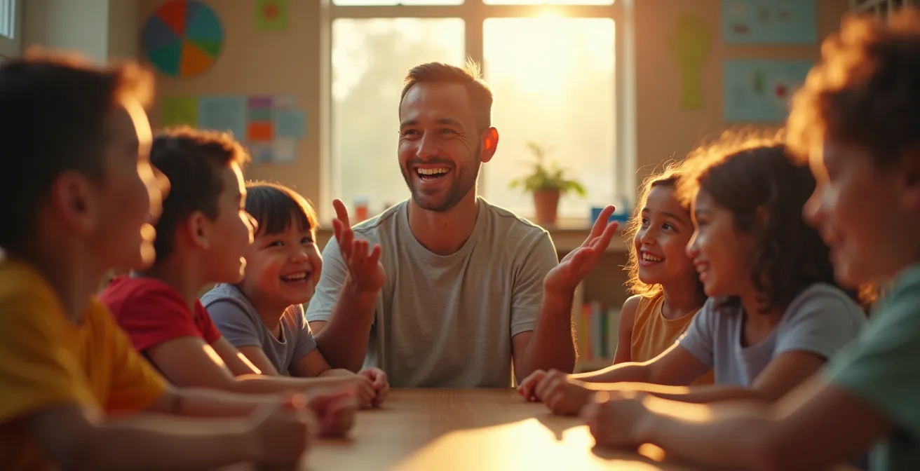Animateur engagé dans une interaction bienveillante avec un groupe d'enfants
