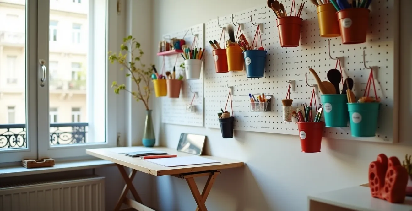 Mur d'appartement transformé en espace créatif vertical avec panneaux perforés et rangements malins
