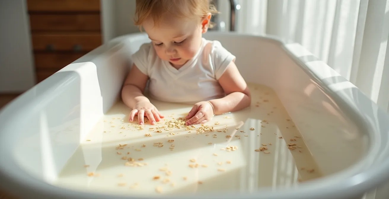 Baignoire blanche avec eau laiteuse d'avoine et flocons naturels