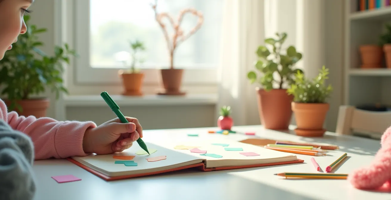 Cahier de progrès avec corrections colorées et annotations positives