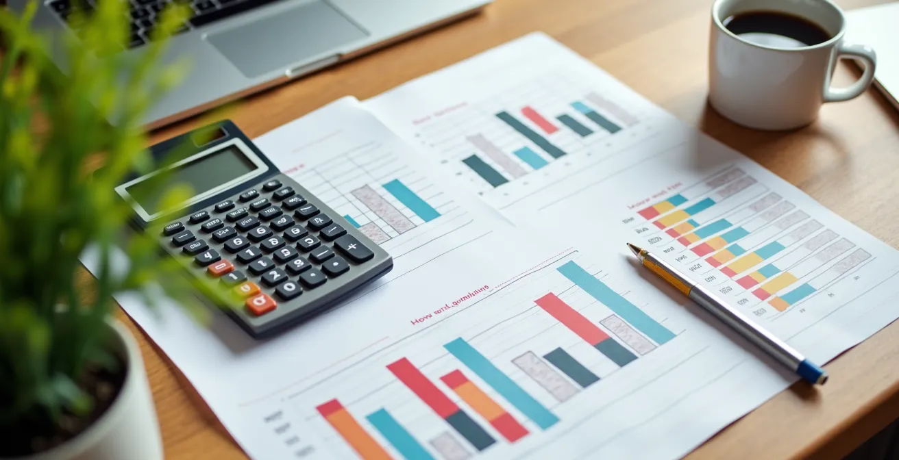 Bureau avec calculatrice et graphiques montrant l'évolution des coûts de livraison