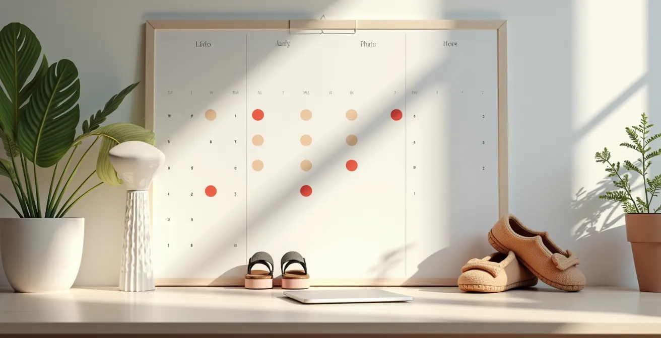 Vue aérienne d'un bureau avec calendrier annoté et vêtements d'enfants organisés par saison